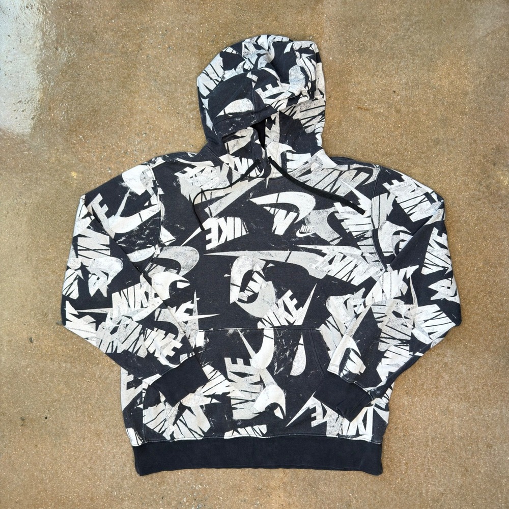 Nike Mens Large Black White All Over Print Logo Swoosh Pullover Hoodie Fleece